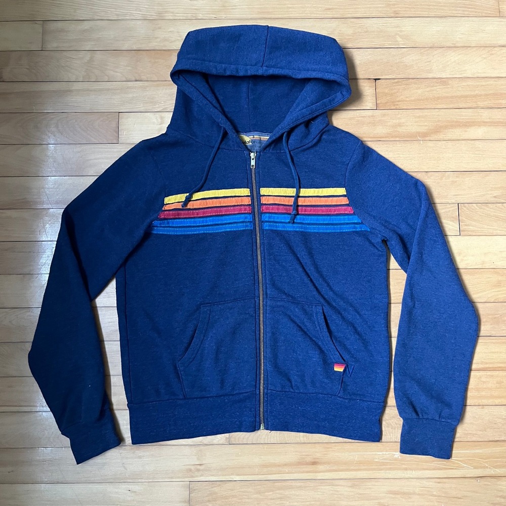 Aviator Nation Navy Blue 5-Stripe Rainbow Zip Up Hoodie Sweatshirt Small USA